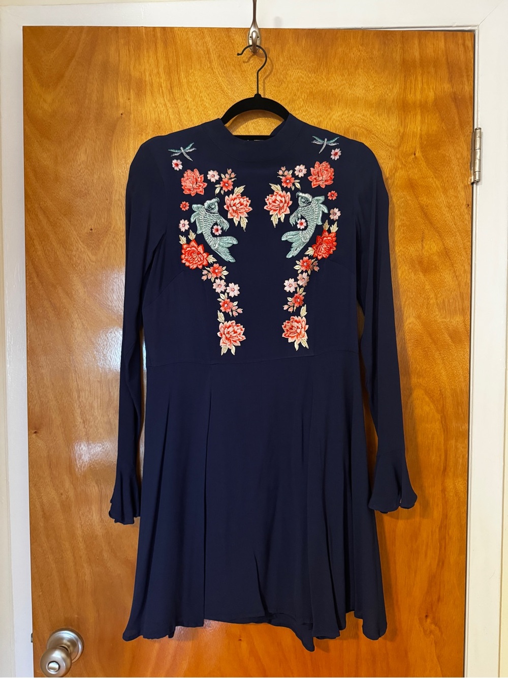 ASOS Navy Embroidered Koi Fish Mini Dress Bell Sleeve Mock Neck Size 8 / US 8